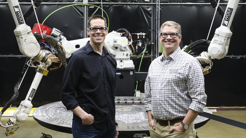 ORNL researchers Matt Bement (left) and Alex Plotkowski