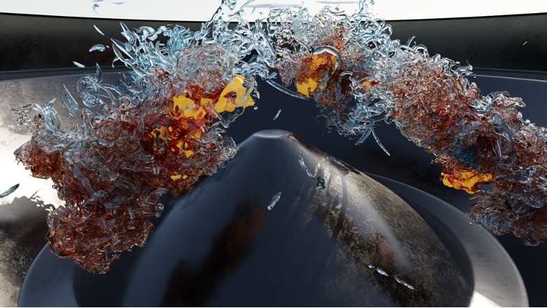 A PeleLMeX simulation depicts isosurfaces of diesel fuel entering a turbulent methane¬–air premixture at 60 atmospheres of pressure